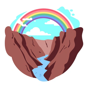 A vibrant rainbow with distinct bands of color is arching gracefully over a deep canyon. The canyon's steep walls are made of rugged, brown rock, and below, a narrow river flows, reflecting the colors of the rainbow above. The sky is a bright blue, dotted with a few fluffy white clouds. The scene captures the majestic beauty of nature, emphasizing the contrast between the colorful rainbow and the earthy tones of the canyon.