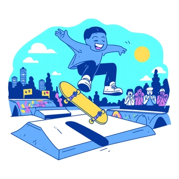 A blue cartoon character with oversized shoes and a cheerful expression is performing tricks at a skateboard park. The character is mid-air, executing a kickflip on a vibrant yellow skateboard. Below, the skateboard park is filled with various ramps and rails, with a crowd of excited spectators clapping and cheering. Nearby, colorful graffiti decorates the walls, adding to the lively atmosphere of the scene. The sun is shining brightly in a clear blue sky, enhancing the overall excitement of the skateboard park.