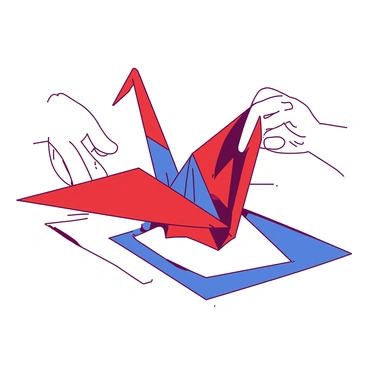 Skillful fingers are meticulously folding vibrant pieces of paper into a beautiful origami crane. The crane is partially completed, showcasing intricate folds and a range of colors, including red and blue. A few additional sheets of paper in various shades are scattered around, adding to the colorful scene. The background features a simple, neutral surface that allows the vivid colors of the paper to stand out prominently.