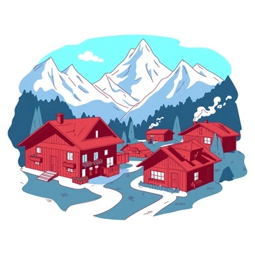 A red mountain village is nestled in a valley, featuring several wooden cottages with sloping roofs and smoke gently rising from their chimneys. Each cottage is adorned with small balconies and flower boxes filled with vibrant blooms. In the background, towering white snow-capped mountain peaks rise majestically against the clear blue sky. The scene is set in the peaceful ambiance of nature, with a few evergreen trees dotting the landscape and a winding path leading through the village.