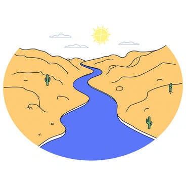The Euphrates River flows with clear blue waters through a vast arid desert landscape. On either side of the river, stretches of golden sand dunes rise and fall gently. Sparse patches of dry vegetation are scattered throughout, with the occasional cactus standing tall against the backdrop of a clear sky. The sun casts a warm glow, highlighting the contrast between the deep blue river and the sandy earth surrounding it.