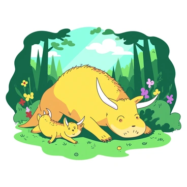 A yellow family of Gruffalos is playing together in a vibrant green forest clearing. The larger Gruffalo, with big curved horns and a friendly expression, is rolling on the ground, while two smaller Gruffalos are playfully chasing each other around him. Sunlight filters through the leaves above, creating a dappled light effect on the forest floor. In the background, there are colorful flowers and tall trees, enhancing the lively atmosphere of the scene.