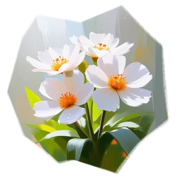 A close-up view of several flannel flowers with soft white petals, each glistening with raindrops that reflect the light. The flowers are surrounded by lush green foliage, creating a lush background. Light rain is falling, adding a sense of freshness to the scene. The delicate texture of the petals is highlighted by the moisture, with some raindrops pooling at the edges. The atmosphere is tranquil, showcasing the beauty of nature during a gentle shower.