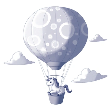 A unicorn is sitting in a hot air balloon, with its head slightly tilted upward. The hot air balloon has large, round shapes filled with various patterns that mimic a colorful design. The sky is filled with fluffy, stylized clouds, creating a sense of height and openness. The unicorn has a flowing mane and a sparkling horn, giving it an enchanting appearance. The setting conveys a sense of adventure and lightheartedness.