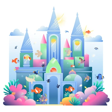 A vibrant underwater city is constructed from coral and glass, featuring tall spires and archways made of translucent materials. Various shades of pink, blue, and green coral are intertwined with the glass structures, creating a harmonious blend of natural and artificial elements. Surrounding the city, schools of colorful fish swim gracefully through the water, with bright orange clownfish and shimmering blue tangs darting among the corals. Sea turtles glide slowly in the background, while delicate sea anemones sway gently with the currents. Sunlight filters down from above, casting a dappled light across the scene and illuminating the vibrant colors of the marine life and the city.