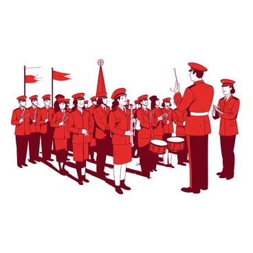 A red military band is positioned in a neat formation during a ceremonial event. The band members are dressed in distinct uniforms, featuring white accents and hats with shiny insignia. Each musician is holding a different instrument, including trumpets, drums, and clarinets. The musicians are focused, with some looking at a conductor who is leading them with a baton. In the background, there are flags waving gently, adding to the formal ambiance of the scene.