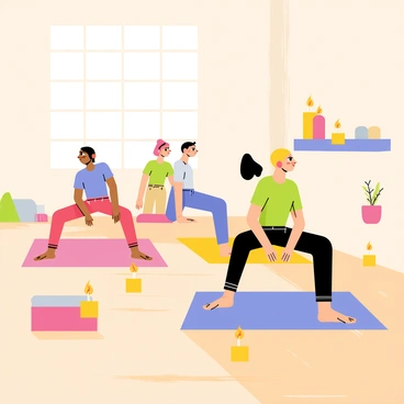 A yoga studio with wooden floors and soft, warm lighting. The studio is filled with "flickering candles" placed on the floor and on shelves, casting a gentle glow throughout the room. Several participants are engaged in the "thread-the-needle pose," with their bodies gracefully elongated. Each participant wears comfortable yoga attire, and their expressions reflect focus and calmness. Mats in various colors are spread out on the floor, complementing the serene atmosphere.