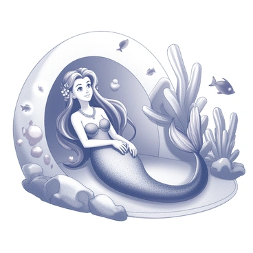 A mermaid is reclining in a sheltered nook. She has long flowing hair and is adorned with various seashells and coral jewelry. The nook is surrounded by vibrant coral formations, which create a natural barrier. There are several tropical fish swimming nearby, adding to the lively undersea environment. The mermaid's tail gracefully extends into the water, blending harmoniously with the coral backdrop. Her expression conveys a sense of relaxation and tranquility as she enjoys her serene underwater retreat.