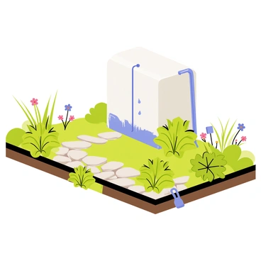 A garden featuring a rainwater collection system with a large, clear water tank positioned prominently. The tank has pipes leading to various plants in the garden. Vibrant green plants, including leafy vegetables and colorful flowers, are flourishing with an arrangement that showcases diversity. A small, curved path made of stones winds through the garden, leading to different sections. Rainwater is seen gently flowing into the tank, surrounded by a few garden tools resting on the ground. The scene conveys a sense of sustainability and efficient water use.