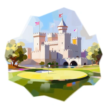 A golf hole positioned in the foreground, featuring a well-maintained green with a white flag marking the hole. In the background, a grand medieval castle stands tall with intricate stonework, large towers, and a fortified wall. Banners in rich colors flutter from the castle's battlements, adding vibrant detail to the scene. A drawbridge, lowered over a moat, connects the castle to the landscape, complementing the ancient architecture. Surrounding the golf hole, lush grass and a few scattered trees enhance the picturesque setting.