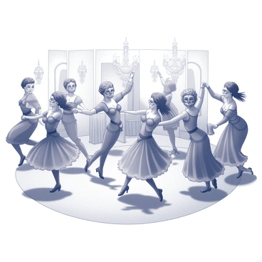 A dance floor filled with various characters engaging in an intricate dance. Each character is adorned in elaborate costumes featuring intricate patterns and textures. Some wear masks that cover their entire faces, adding an air of mystery. The costumes showcase flowing fabrics, ruffles, and embellishments that catch the light. The dancers are positioned in dynamic poses, with arms raised and legs in mid-motion, creating a sense of movement and energy in the scene. The background suggests an ornate setting, with decorative elements such as chandeliers and draped fabric enhancing the atmosphere.