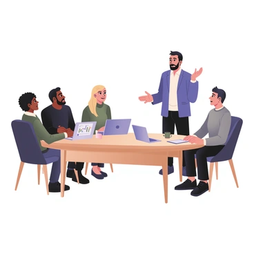 A man stands confidently in front of a group of three private equity investors seated around a modern wooden table. He has light skin and short dark hair, dressed in a blue blazer over a white shirt and dark jeans. The entrepreneur is gesturing with his right hand as he presents his startup idea, with a laptop open in front of him displaying graphs and charts. The investors, two men and one woman, are engaged, leaning forward with expressions of interest. One investor has dark skin with a neatly trimmed beard, dressed in a dark shirt. The second investor has medium skin with curly hair, wearing a gray sweater, while the woman has light skin with long blonde hair and is wearing a green blouse. A coffee mug sits on the table in front of the woman, and there are small potted plants in the background, adding a casual touch to the room. The lighting is warm and inviting, creating a relaxed atmosphere for the pitch.