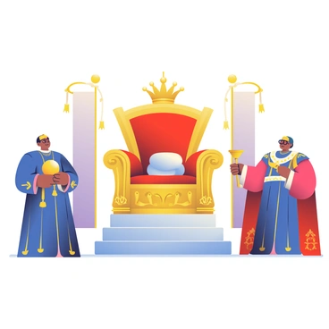 A grand royal coronation scene is unfolding in the center of a lavish room. At the forefront, a large, ornate golden throne is elevated on a platform, adorned with intricate patterns and plush red velvet cushions. Above the throne, a sparkling golden crown rests on a white satin pillow, glistening under the soft light. Surrounding the throne are regal figures dressed in rich, flowing robes of deep royal blue and crimson, embellished with golden embroidery. Each figure carries a symbol of authority, such as a scepter or orb, and displays a look of solemnity as they participate in the ceremony. Delicate banners hang from the walls, matching the color palette of the attire worn by the figures. The atmosphere is filled with anticipation as the scene captures a moment of historical significance.