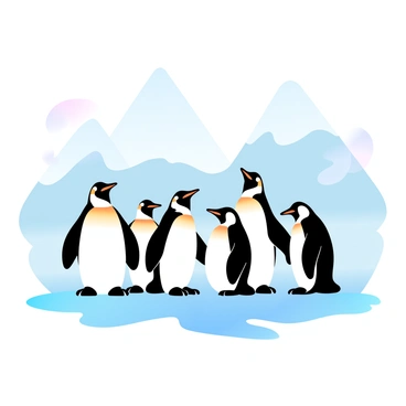 A group of penguins is standing on an icy shore. The penguins have varying poses, some standing upright while others are slightly hunched. They have black and white feathers and their flippers are tucked at their sides. In the background, there are tall, snowy mountains covered with a blanket of white snow, contrasting with the icy blue color of the shore. The sky is clear with soft pastel hues blending into each other.