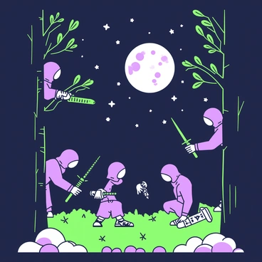 A group of ninjas is moving stealthily through a dark forest under a star-filled sky. The ninjas are dressed in black attire with hoods covering their heads, blending into the shadows of the trees. Each ninja is equipped with throwing stars and intricately designed swords at their sides. One ninja is crouched low behind a tree, peering out into the clearing, while another is perched on a branch above, scanning the area. The stars twinkle brightly above, illuminating the scene with a faint glow. The full moon casts soft light on the ground, revealing patches of grass and stones.