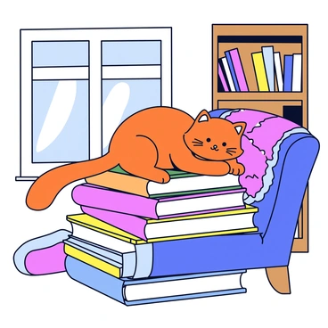 An orange cat with bright fur is perched comfortably on top of a stack of colorful books. The books have various sizes and covers, some are hardback while others are paperback. The stack is positioned in the corner of a cozy library, where soft light filters in from a nearby window, casting gentle shadows. In the background, there are wooden shelves filled with more books, and a plush, knitted blanket is draped over a nearby chair.