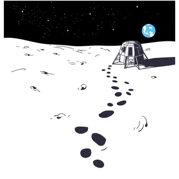 A white lunar landscape features the first footprints imprinted on the gray surface at "Tranquility Base." The footprints lead towards a small silver lunar module, which is partially illuminated by the distant sun, casting soft shadows. In the background, a dark sky is punctuated by sparkling stars, and the Earth appears as a small blue and white sphere visible from the moon's surface. The scene captures a moment of human achievement and exploration.
