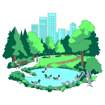A city park scene integrating nature with urban elements, showing wildlife in a metropolitan area.