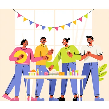 A group of four friends is gathered in a bright living room, with cheerful expressions on their faces. One friend is playfully holding a whoopee cushion, while another friend is laughing, pointing at it with gleeful surprise. The third friend is feigning shock, with wide eyes and a hand on their mouth, while the fourth friend is grinning, arms crossed. Colorful streamers decorate the room, and a table in the background holds snacks and drinks. A banner reading "April Fool's!" is hung above, adding to the playful atmosphere.