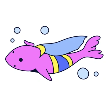 An axolotl with a bright pink body and feathery gills wearing a colorful superhero costume. The costume includes a blue bodysuit and a matching cape that flows behind it. The axolotl is depicted mid-flight, gliding gracefully through clear, blue water. Bubbles surround it, adding a sense of movement and adventure.