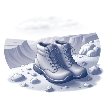 A pair of hiking boots positioned on rugged rocky terrain, with visible imprints left behind in the gravel and dirt. The boots are worn and sturdy, showing evidence of previous use. In the background, a dramatic mountain overlook stretches across the horizon, with steep cliffs and rocky outcrops. The sky above is filled with clouds, adding depth to the scene. The ground is uneven, with scattered stones and patches of grass, emphasizing the natural outdoor environment.