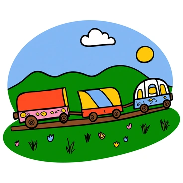 A colorful caravan of gypsy wagons moving through a sunlit meadow filled with vibrant green grass and scattered wildflowers. The wagons are painted in bright hues of red, blue, and yellow, adorned with intricate patterns and details. Each wagon has wooden wheels and a rounded top, creating a whimsical appearance. A clear blue sky above with a few fluffy white clouds, and the sun casting warm light across the scene. In the background, a gently rolling hill adds depth to the landscape.
