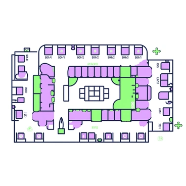 A detailed airport terminal floor plan is laid out prominently. The plan features several gates identified by numbers, each with corresponding seating areas nearby. Various lounges are indicated, positioned along the sides of the terminal, with signs directing passengers. In the center, there are check-in counters, security checkpoints, and food concessions, each marked clearly. Wide pathways connect all areas, allowing for easy navigation throughout the terminal. Visual elements such as escalators and restrooms are also included in the layout, contributing to an organized and functional design.