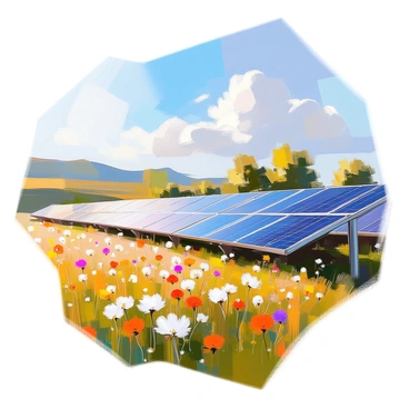 A vast field of solar panels arranged in neat rows, glinting in the sunlight. The panels reflect the blue sky above, showcasing their surface covered in dark photovoltaic cells. In the background, a gentle slope leading to a line of trees can be seen, emphasizing the green landscape. A few fluffy white clouds drift lazily by. In the foreground, wildflowers in various colors add natural beauty to the scene, suggesting a harmonious coexistence with nature. There is a subtle hint of fresh air, symbolizing the reduction of CO2 emissions in this clean energy environment.