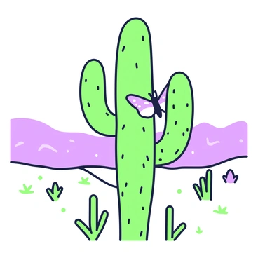 A vast desert landscape stretches into the distance, with sandy dunes and a clear, bright sky. In the foreground, a tall cactus stands upright, its arms reaching outwards. Resting gently on one of the cactus's arms is a moth, its wings relaxed and its body blending with the texture of the cactus. Sunlight casts sharp shadows, highlighting the intricate details of both the cactus and the moth. Sparse vegetation can be seen scattered around the scene, adding to the arid atmosphere.