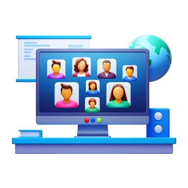 A computer screen displaying a video conference interface. Multiple participants' faces are visible in small square frames, representing diverse backgrounds and locations. Each participant is engaged in conversation, with various expressions ranging from smiling to thoughtful. The setting around the computer shows a well-lit room with a desk and office supplies. A globe or world map may be visible in the background, symbolizing the international aspect of the meeting. The computer screen has elements like a chat box and icons for muting or turning the camera on and off.