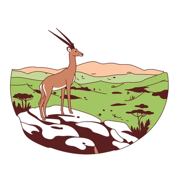 A brown gazelle stands gracefully on a rocky mountain perch, its slender legs poised atop the rugged terrain. The gazelle gazes out over a vast valley below, where patches of lush green grasses and distant trees are visible. The sunlight casts soft shadows across the rocks, highlighting the gazelle's elegant form. In the background, rolling hills stretch into the horizon, creating a sense of depth and scale to the scene. The sky above is clear, enhancing the overall clarity of the landscape as the gazelle surveys its surroundings.