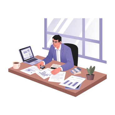 A digital flat illustration featuring an entrepreneur sitting at a wooden desk covered with various financial documents and charts. The entrepreneur, a middle-aged person with short dark hair, is wearing a blue blazer and white shirt. They are focused on reviewing the documents in front of them while holding a calculator in their right hand. The desk has a laptop open with graphs displayed on the screen. A cup of coffee is situated to the left of the entrepreneur, and a plant in a small pot is placed to the right. The background includes a large window with natural light streaming in, illuminating the workspace.