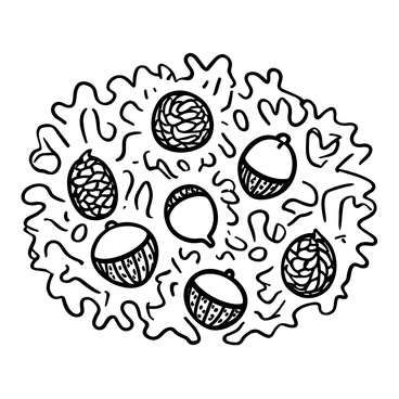A collection of scattered acorns on a textured bed of dry leaves. Each acorn has a distinct shape with a smooth cap, and the leaves vary in size and pattern, creating a natural frame around the acorns. Some leaves are curled while others lie flat, all showcasing different degrees of dryness. The scene captures the intricate details of the acorns and the organic shapes of the leaves.