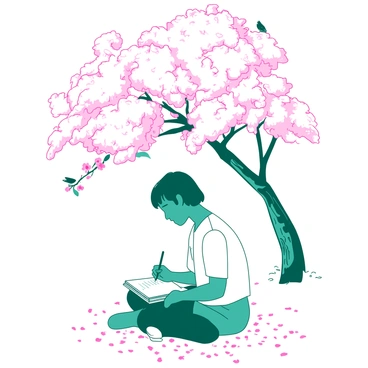 A teal person is sitting cross-legged on the ground, intently writing haikus in a small white notebook. The person has short hair and is wearing a white shirt. Above them, a large white tree is in full bloom, with vibrant blossoms cascading gently in the breeze. The ground is scattered with pink petals that have fallen from the tree, creating a soft carpet. A few birds are perched on the branches, adding to the tranquil atmosphere of the scene.