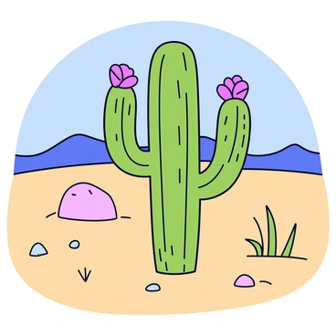 A flowering cactus with vibrant pink flowers blooming on its spines. The cactus stands tall amidst the sandy terrain of a desert landscape, surrounded by scattered rocks and small patches of dry grass. The background features distant hills that gently rise against a clear blue sky. Sunlight casts soft shadows across the ground, highlighting the cactus's unique shape and texture.