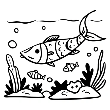 An adventurous fishing lure with vibrant features is diving into the ocean depths. The lure has a shiny body with intricate patterns and a long, flowing tail that sways gently in the water. Surrounding the lure are various marine creatures, including curious fish and gracefully swimming sea turtles. Some coral formations can be seen in the background, adding texture to the underwater landscape. Bubbles rise around the lure, creating a sense of movement and exploration.