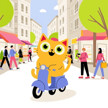 A cartoon cat with bright orange fur and large, expressive green eyes is riding a blue scooter. The cat is wearing a small red helmet and has a big smile. The bustling city street is filled with various shops, including a bakery with fresh bread displayed in the window and a toy store with colorful toys outside. People of different ages are walking along the sidewalk, some carrying shopping bags, while others are chatting with one another. There are trees lining the street and a clear blue sky above, enhancing the lively atmosphere of the scene.