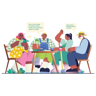 A diverse group of four garden club members is gathered around a wooden table in a sunny outdoor garden. One member, a woman with curly brown hair and wearing a yellow floral dress, is holding a potted plant while explaining its care. A man with glasses, sporting a plaid shirt and denim overalls, is leaning forward, listening attentively and taking notes in a green notebook. Another woman, with straight black hair tied in a bun and dressed in a light blue top, is raising her hand to ask a question about soil conditions. The fourth member, an older man with a white beard wearing a straw hat, is sitting back in his chair, nodding in agreement. Various gardening tools and a selection of colorful flowers are visible on the table, creating a lively and engaging atmosphere.