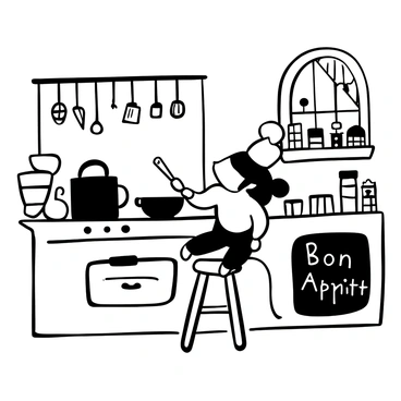 A small mouse wearing a chef's hat stands on a stool in a tiny kitchen. The mouse is stirring a saucepan on a miniature stove with a ladle in one hand. The kitchen is filled with tiny utensils hanging on the walls, and there is a spice rack filled with small jars. A rolling pin and a bowl are placed on a wooden countertop. A window with a checkered curtain offers a view of a garden outside. The words "Bon Appétit" are displayed on a chalkboard nearby.