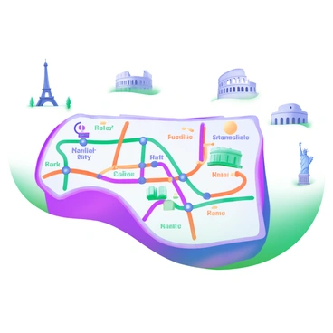 A detailed subway map featuring lines connecting major international cities. Each city is marked with a distinctive icon representing its iconic landmark; for example, a silhouette of the Eiffel Tower for Paris, the Statue of Liberty for New York City, and the Colosseum for Rome. The map is laid out with vibrant colors for each subway line, making the cities easily distinguishable. Surrounding the map are smaller illustrations of the landmarks themselves, artistically rendered in a modern pastel palette. The overall composition is clear and easy to read, highlighting the connections between these global cities.
