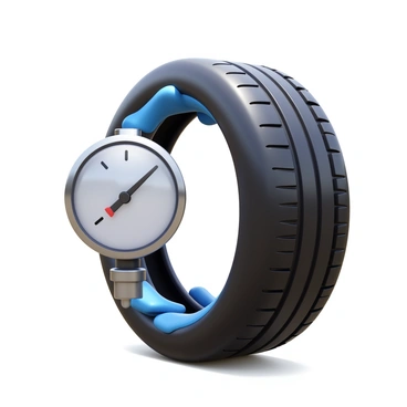 A car tire is positioned upright as it inflates. A pressure gauge is attached to the tire, displaying the current pressure reading. The gauge shows a gradual increase in pressure with a needle moving to the right. The tire has a shiny black rubber surface, with small ridges visible along the edges. Air is seen entering the tire, illustrating the expansion in volume. Bright light reflects off the tire, highlighting its smooth texture.