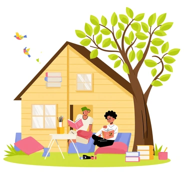 A cozy treehouse with wooden walls and a slanted roof, nestled among green leaves and branches. Inside, two children are seated on colorful cushions, engrossed in their books. One child has dark hair and is reading a book with a blue cover, while the other child has curly hair and is reading a book with a red cover. Sunlight filters through the leaves, casting playful shadows inside the treehouse. Nearby, a small table holds a stack of more books and a cup filled with pencils. Outside the treehouse, birds can be seen flying between the branches, adding to the lively atmosphere of nature surrounding the treehouse.