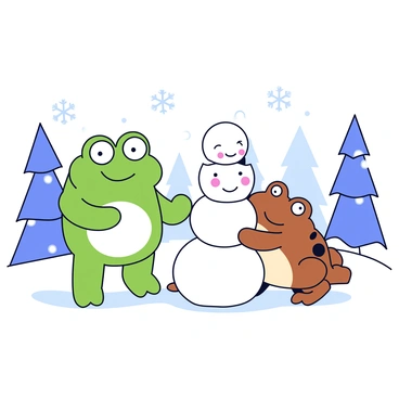 A green frog with large round eyes and smooth skin is standing next to a brown toad with a bumpy texture, both smiling joyfully. The frog is rolling a large snowball, while the toad is stacking smaller snowballs on top of the first one to form the snowman. Snowflakes are gently falling from the sky, adding to the snowy landscape all around them. There are pine trees in the background dusted with snow, and the ground is covered in a thick layer of fresh white snow.
