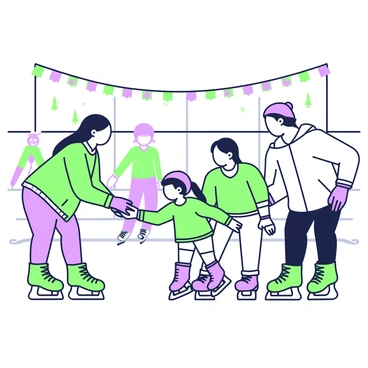 A family enjoying a day at the rink, all wearing matching hockey skates.