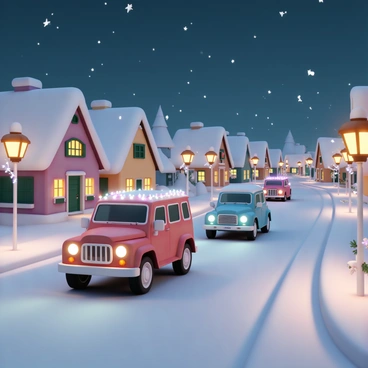 A caravan of cars, each adorned with colorful holiday lights, drives through a snowy village. The first car is a red SUV, with bright white lights strung across the roof and along the sides. Following it is a blue sedan, featuring multicolored lights that twinkle in the winter night. The village is filled with quaint buildings, their rooftops covered in a thick layer of snow, and windows glowing with warm light. Snowflakes gently fall from the sky, creating a picturesque winter scene as the cars move along the winding road. Flickering holiday decorations hang from lampposts lining the streets, illuminating the joyful atmosphere.