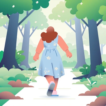 A woman named Marianne is strolling through a dense forest. She has long, flowing brown hair and is wearing a light blue dress with floral patterns. Surrounding her are tall trees with thick trunks and lush green leaves that filter the sunlight, creating dappled patches on the forest floor. Marianne is taking a leisurely walk along a narrow path, with her arms gently swinging by her sides. The ground is covered with a mix of brown leaves and soft green moss, while small wildflowers peek through the underbrush. In the background, there is a soft blur of more trees and foliage, enhancing the sense of depth in the forest.