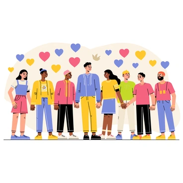 A diverse group of people standing together in a circle, holding hands. The group includes individuals of various ethnicities and ages, each wearing bright and colorful clothing. Behind them is a vibrant mural depicting symbols of peace and love, such as doves and hearts in bold, cheerful colors. The scene conveys a sense of unity and harmony among the individuals as they stand against the eye-catching background.