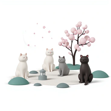 Several cats, including a fluffy white cat, a sleek black cat, and a gray tabby, are sitting in a Japanese zen garden. The garden features meticulously raked gravel, strategically placed rocks, and patches of vibrant green moss. Each cat is in a meditative pose, with their eyes closed. In the background, delicate cherry blossom trees are in full bloom, their pink petals gently falling to the ground. A small stone lantern stands nearby, casting soft shadows across the scene. A gentle breeze rustles through the leaves, completing the tranquil atmosphere.