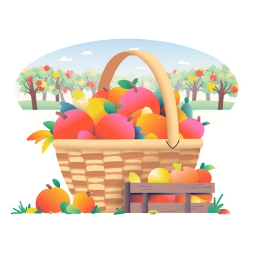 A harvest scene is depicted with a large woven basket overflowing with a variety of autumn fruits. The basket contains bright red apples, orange pumpkins, and golden pears, all arranged neatly. Surrounding the basket are scattered leaves in shades of yellow, orange, and brown, giving a sense of the season. In the background, there are rows of apple trees with ripe fruit hanging from their branches under a clear blue sky. A wooden crate nearby holds additional pumpkins, and a small patch of green grass is visible beneath the basket.
