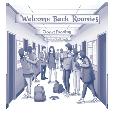 A dormitory hall filled with college students reuniting after a break. Some students are embracing each other while others are chatting excitedly. "Welcome Back Roomies" banners are hung across the walls, creating a festive atmosphere. Empty backpacks and textbooks are scattered on the floor, and a bulletin board shows flyers for upcoming events. The corridor is lively, with students laughing and exchanging stories about their summer experiences.